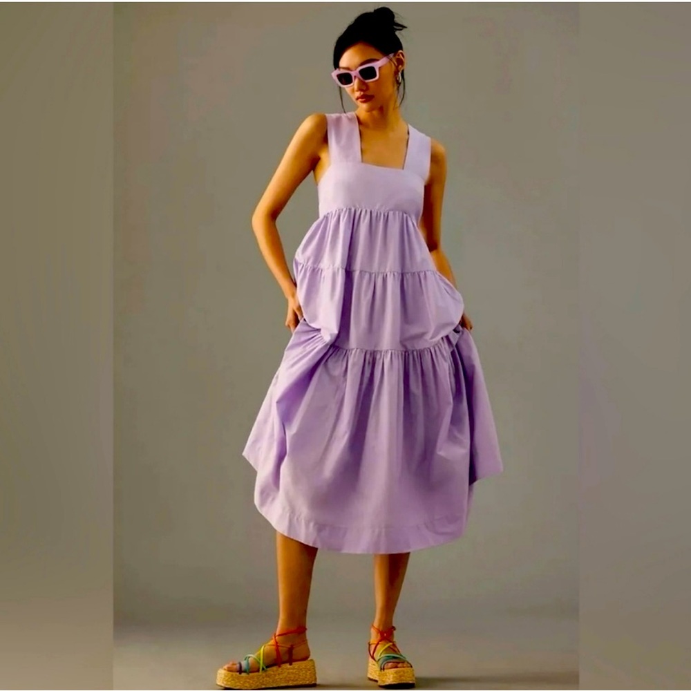 Anthropologie Helena square-neck tiered babydoll dress in Lilac- XS